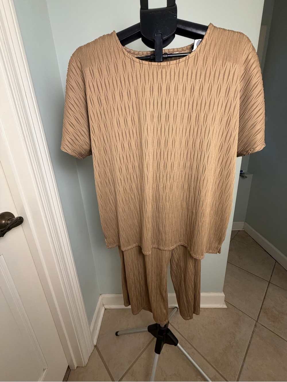 Tan Textured Pleated Two-Piece Top & Pants Set